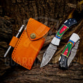 Personalized Handmade 6.75"Damascus Steel Pocket Knife, Folding EDC Hunting Knife, Wood Handle, Groomsmen Gift With Leather Sheath