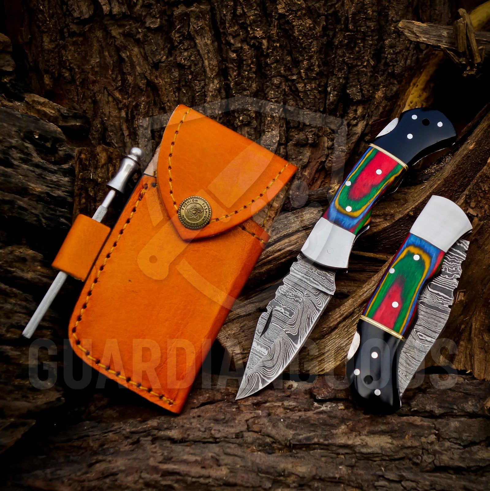 Personalized Handmade 6.75"Damascus Steel Pocket Knife, Folding EDC Hunting Knife, Wood Handle, Groomsmen Gift With Leather Sheath