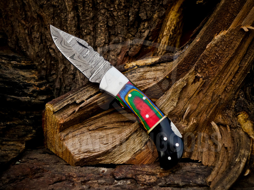 Personalized Handmade 6.75"Damascus Steel Pocket Knife, Folding EDC Hunting Knife, Wood Handle, Groomsmen Gift With Leather Sheath