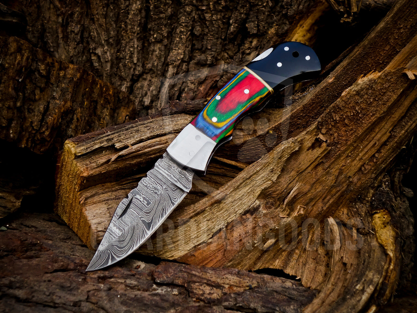 Personalized Handmade 6.75"Damascus Steel Pocket Knife, Folding EDC Hunting Knife, Wood Handle, Groomsmen Gift With Leather Sheath