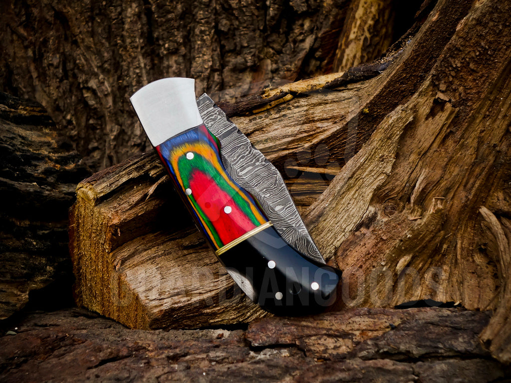 Personalized Handmade 6.75"Damascus Steel Pocket Knife, Folding EDC Hunting Knife, Wood Handle, Groomsmen Gift With Leather Sheath