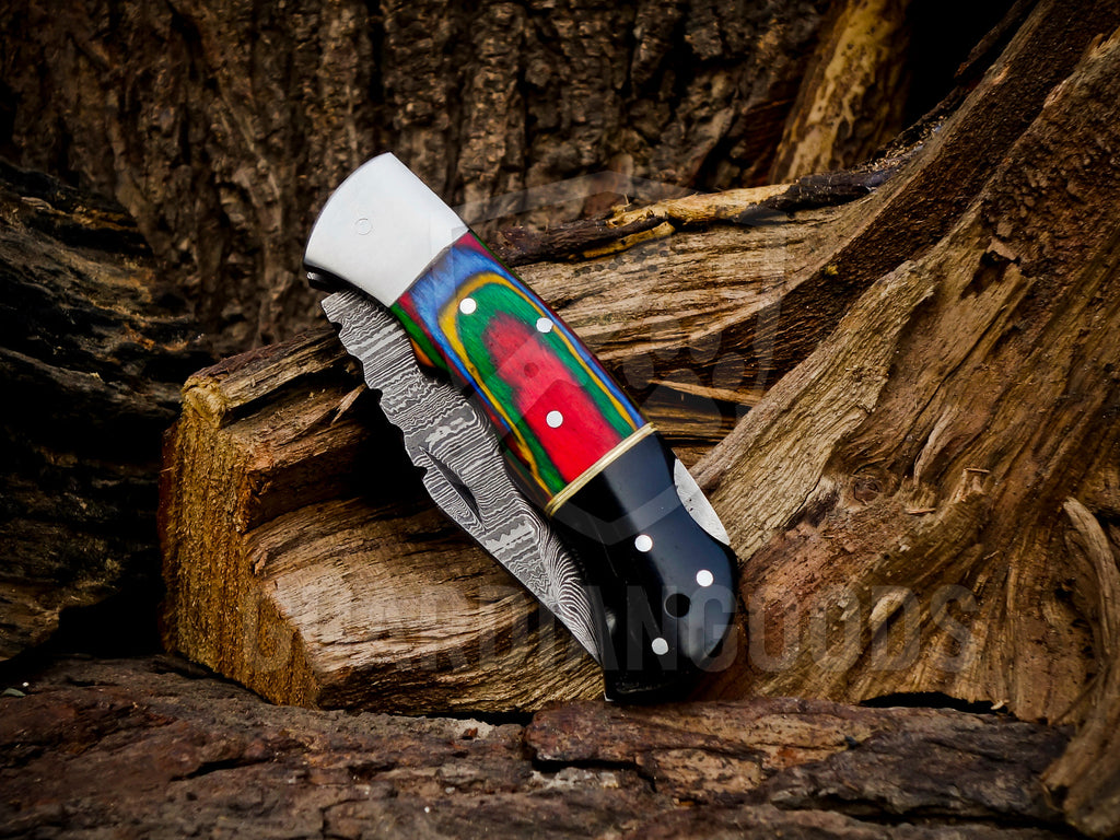 Personalized Handmade 6.75"Damascus Steel Pocket Knife, Folding EDC Hunting Knife, Wood Handle, Groomsmen Gift With Leather Sheath