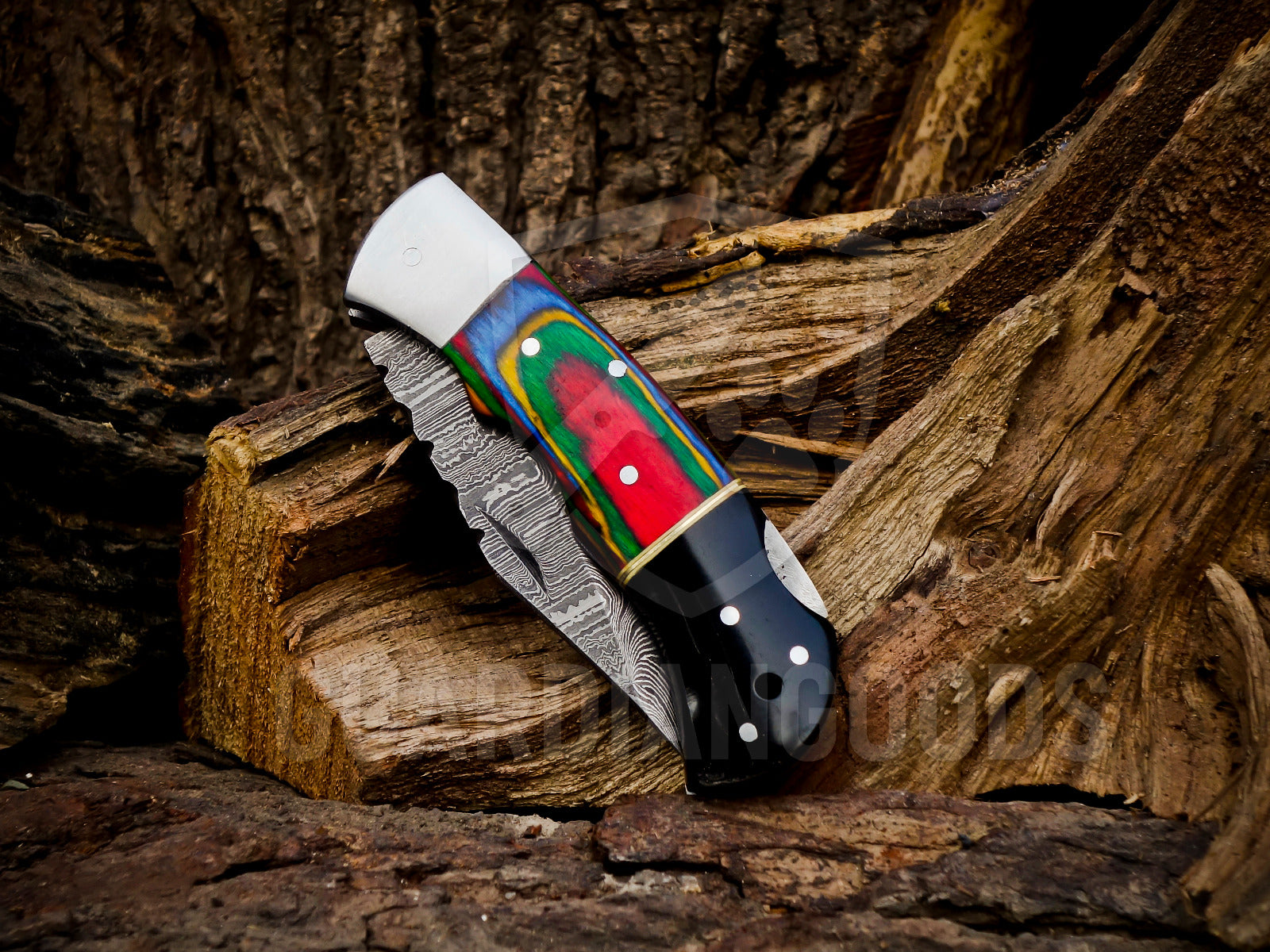 Personalized Handmade 6.75"Damascus Steel Pocket Knife, Folding EDC Hunting Knife, Wood Handle, Groomsmen Gift With Leather Sheath