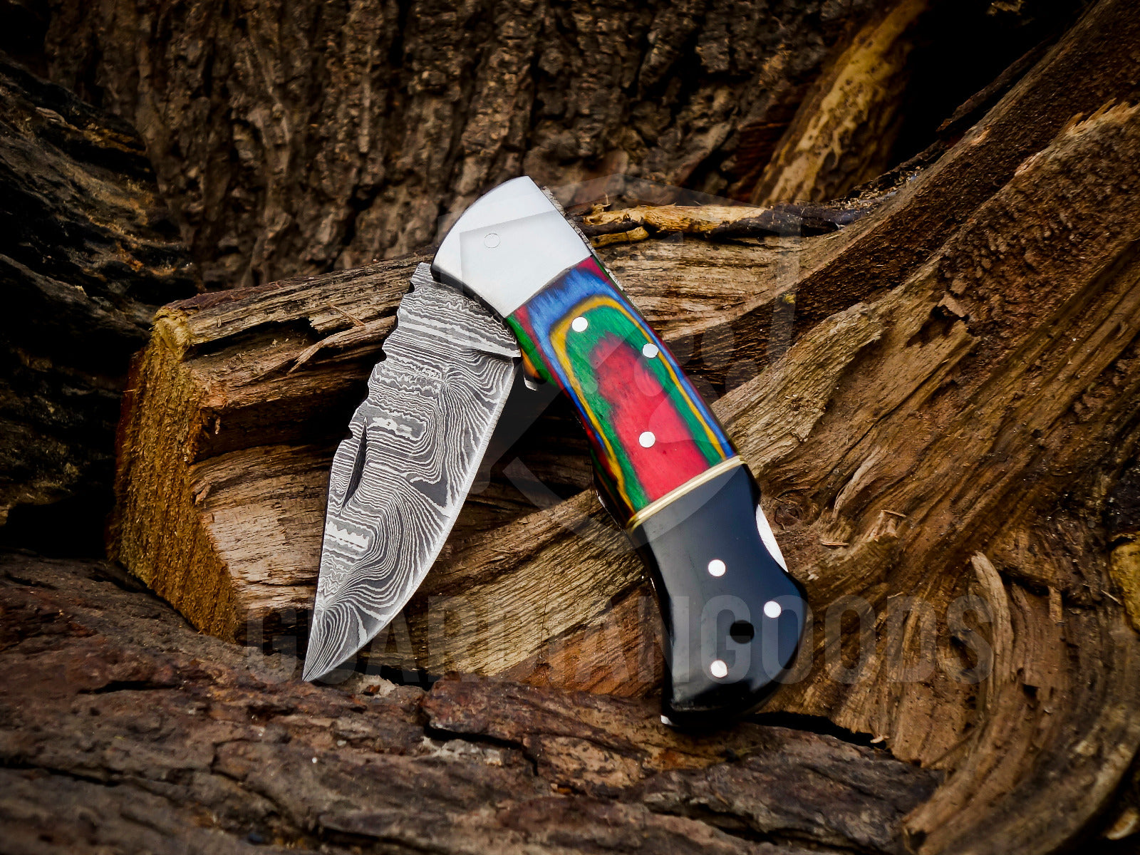 Personalized Handmade 6.75"Damascus Steel Pocket Knife, Folding EDC Hunting Knife, Wood Handle, Groomsmen Gift With Leather Sheath