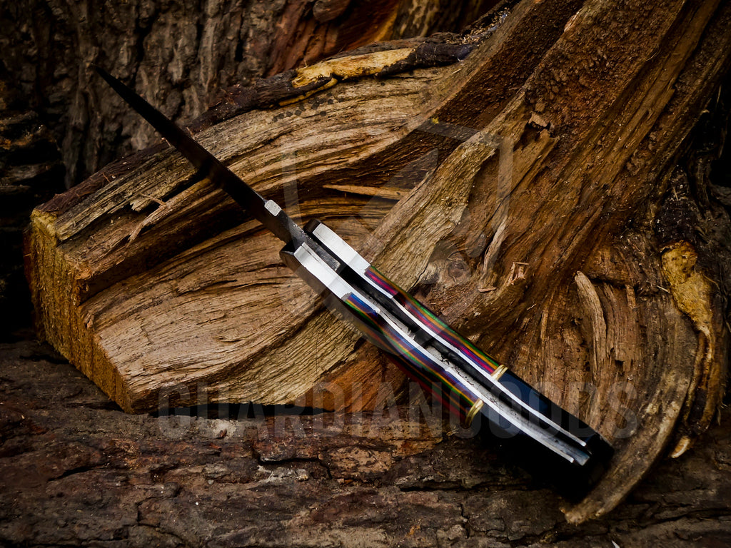 Personalized Handmade 6.75"Damascus Steel Pocket Knife, Folding EDC Hunting Knife, Wood Handle, Groomsmen Gift With Leather Sheath