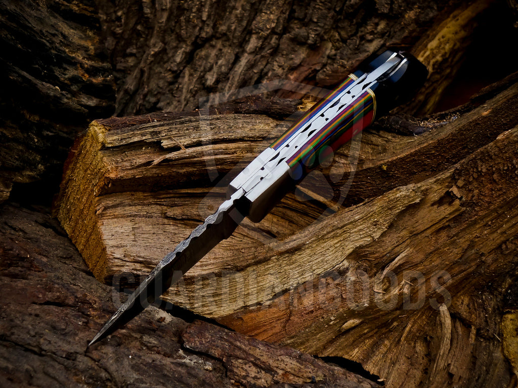 Personalized Handmade 6.75"Damascus Steel Pocket Knife, Folding EDC Hunting Knife, Wood Handle, Groomsmen Gift With Leather Sheath