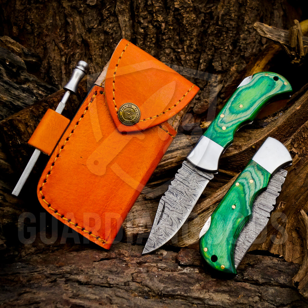 Personalized Handmade 6.75"Damascus Steel Pocket Knife, Folding EDC Hunting Knife, Wood Handle, Groomsmen Gift With Leather Sheath