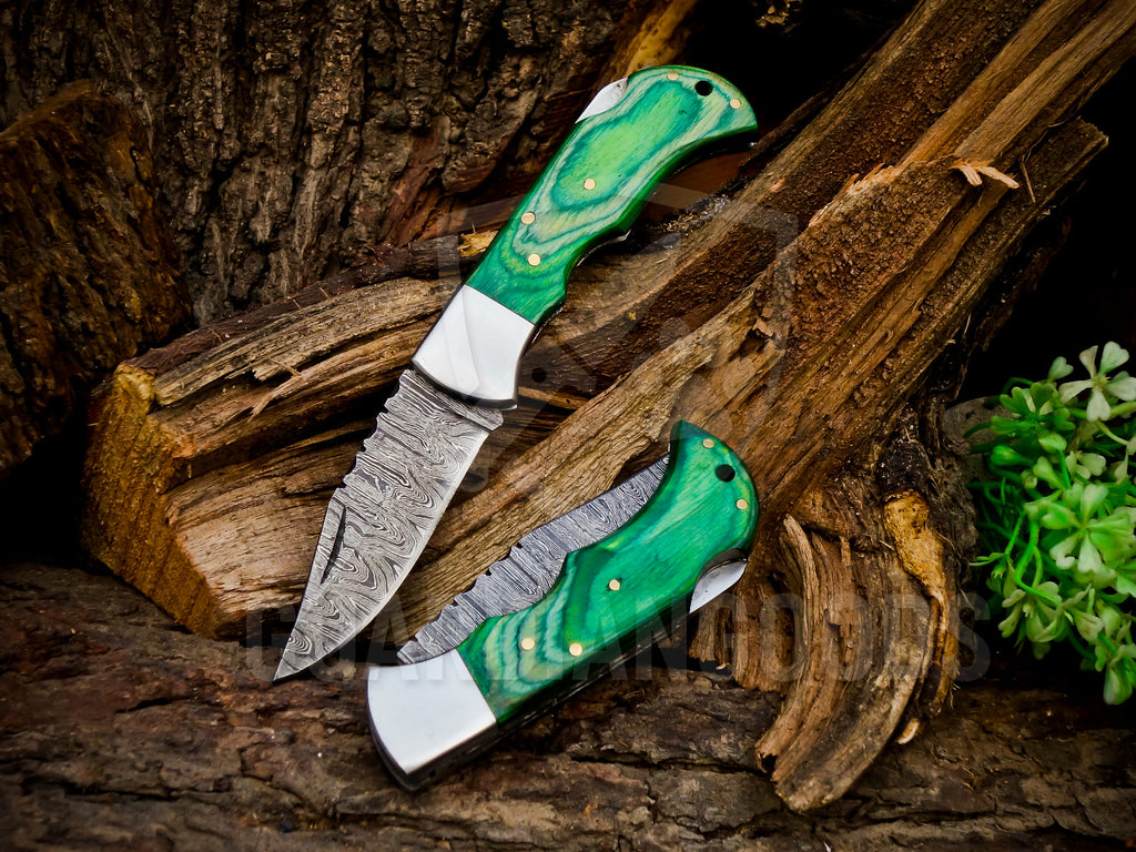 Personalized Handmade 6.75"Damascus Steel Pocket Knife, Folding EDC Hunting Knife, Wood Handle, Groomsmen Gift With Leather Sheath
