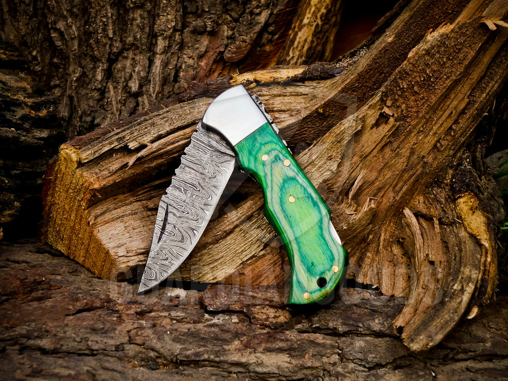 Personalized Handmade 6.75"Damascus Steel Pocket Knife, Folding EDC Hunting Knife, Wood Handle, Groomsmen Gift With Leather Sheath