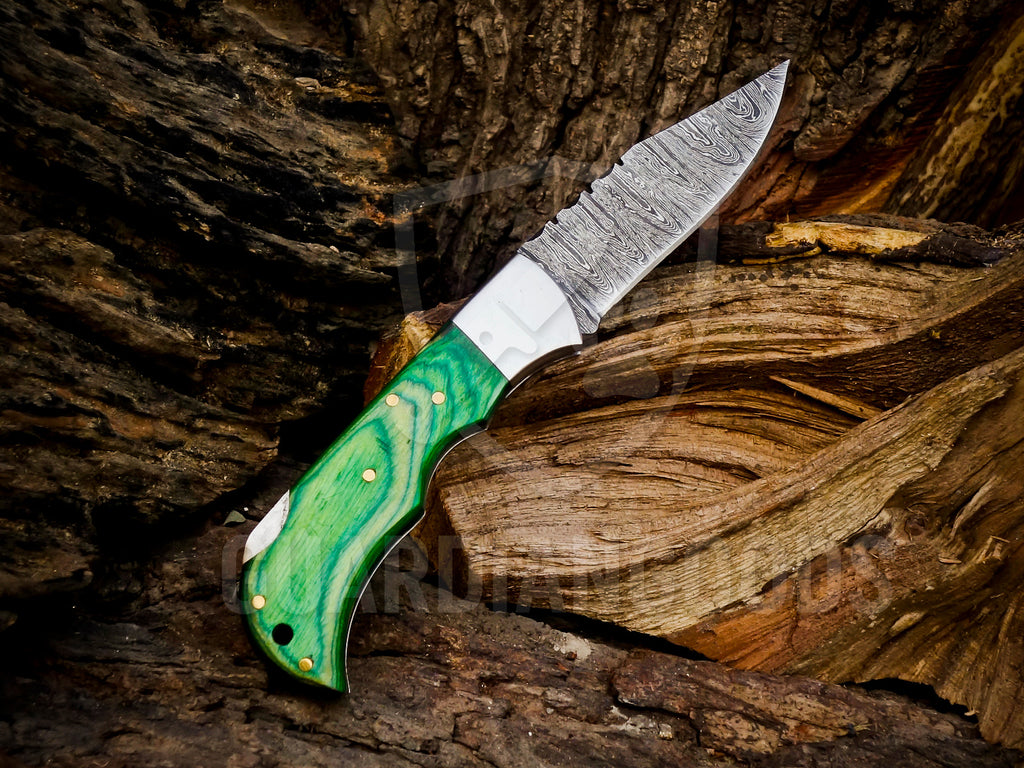 Personalized Handmade 6.75"Damascus Steel Pocket Knife, Folding EDC Hunting Knife, Wood Handle, Groomsmen Gift With Leather Sheath