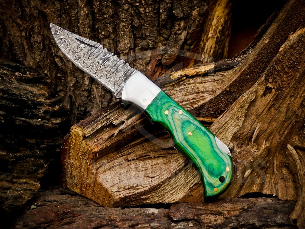 Personalized Handmade 6.75"Damascus Steel Pocket Knife, Folding EDC Hunting Knife, Wood Handle, Groomsmen Gift With Leather Sheath