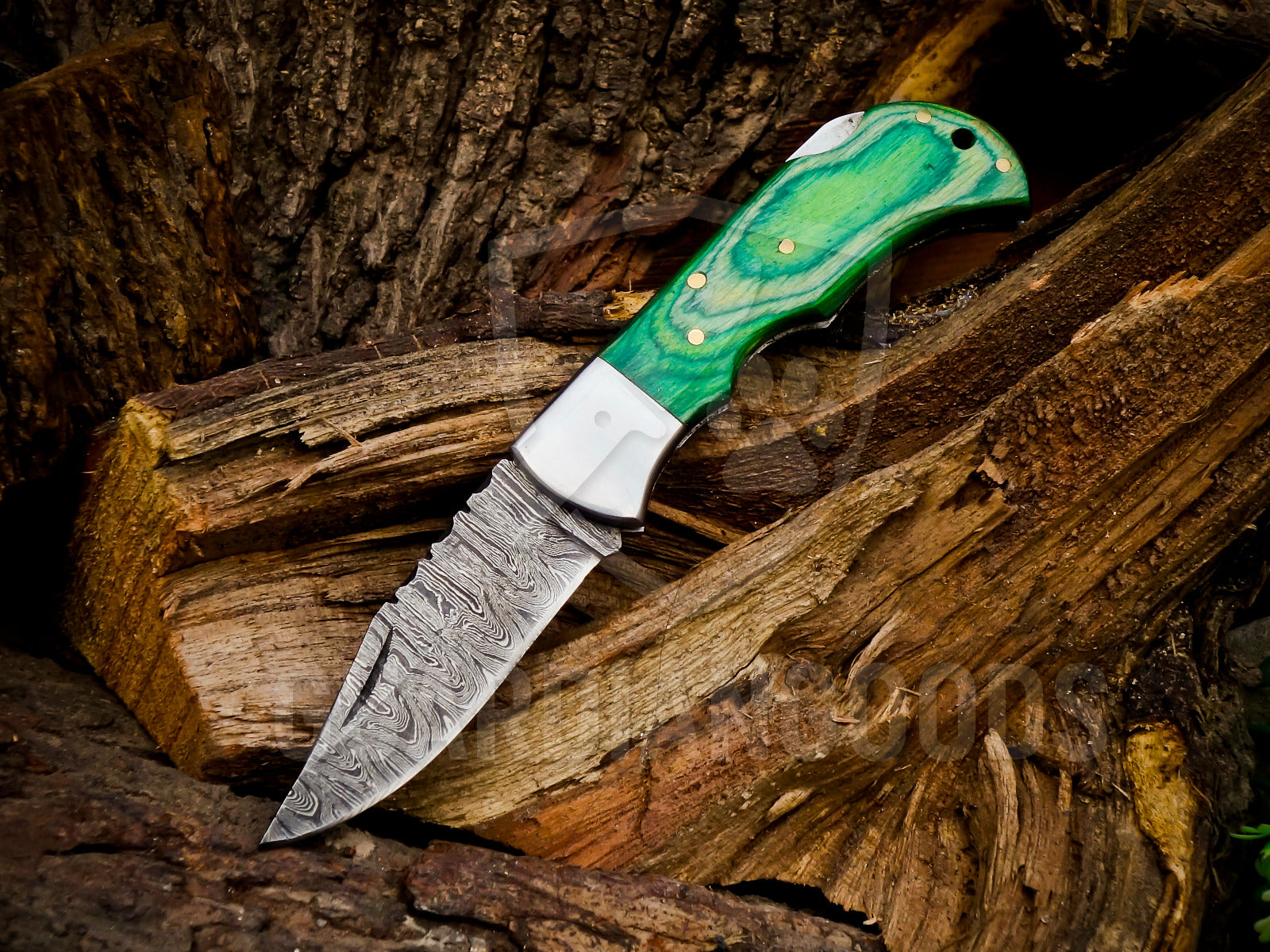 Personalized Handmade 6.75"Damascus Steel Pocket Knife, Folding EDC Hunting Knife, Wood Handle, Groomsmen Gift With Leather Sheath