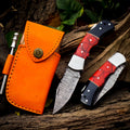 Personalized Handmade 6.75"Damascus Steel Pocket Knife, Folding EDC Hunting Knife, Resin Handle, Groomsmen Gift With Leather Sheath