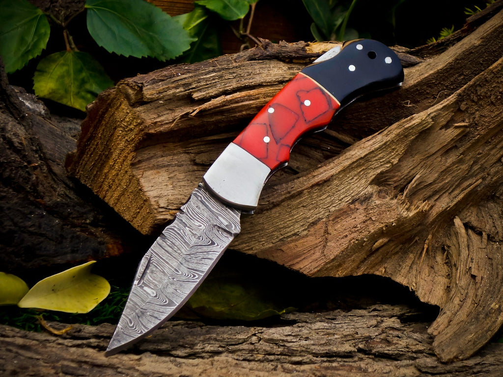 Personalized Handmade 6.75"Damascus Steel Pocket Knife, Folding EDC Hunting Knife, Resin Handle, Groomsmen Gift With Leather Sheath