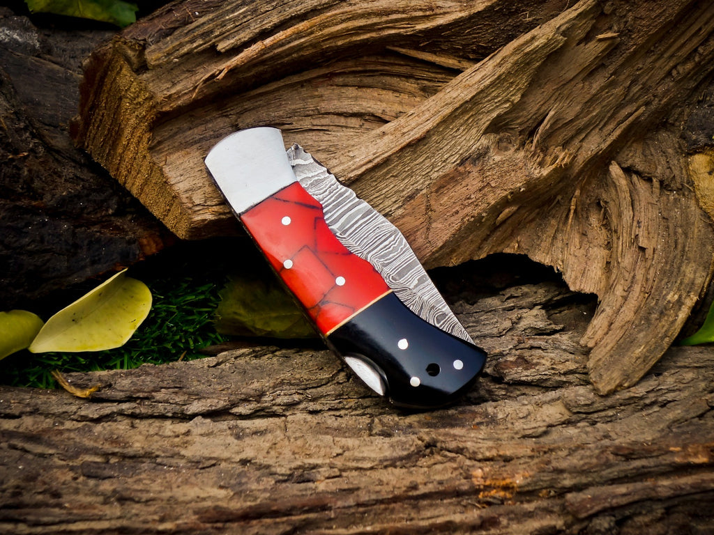 Personalized Handmade 6.75"Damascus Steel Pocket Knife, Folding EDC Hunting Knife, Resin Handle, Groomsmen Gift With Leather Sheath