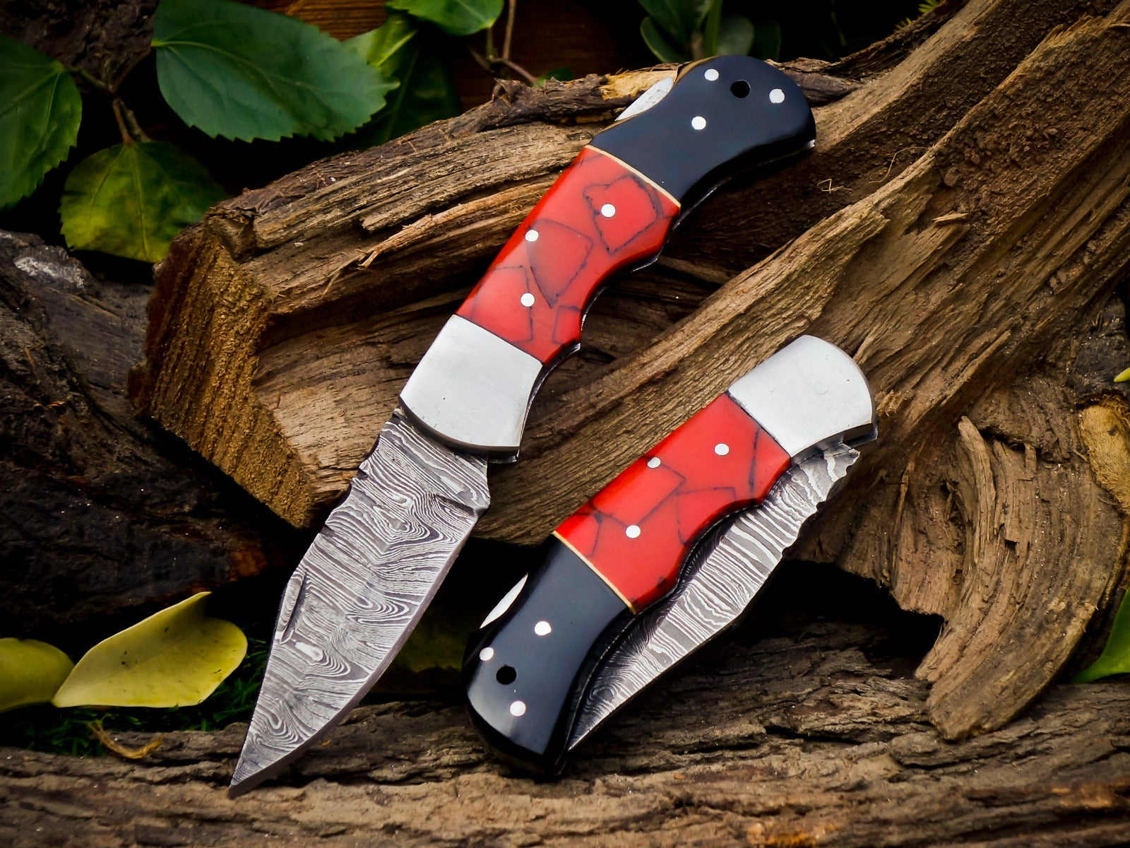 Personalized Handmade 6.75"Damascus Steel Pocket Knife, Folding EDC Hunting Knife, Resin Handle, Groomsmen Gift With Leather Sheath