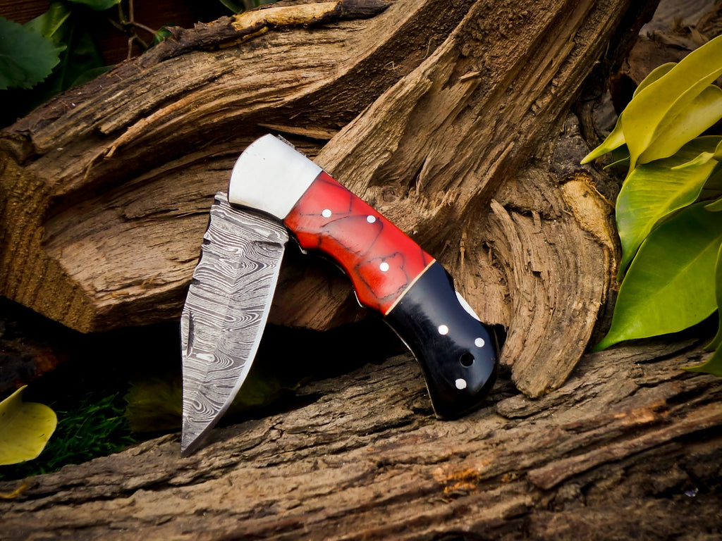 Personalized Handmade 6.75"Damascus Steel Pocket Knife, Folding EDC Hunting Knife, Resin Handle, Groomsmen Gift With Leather Sheath