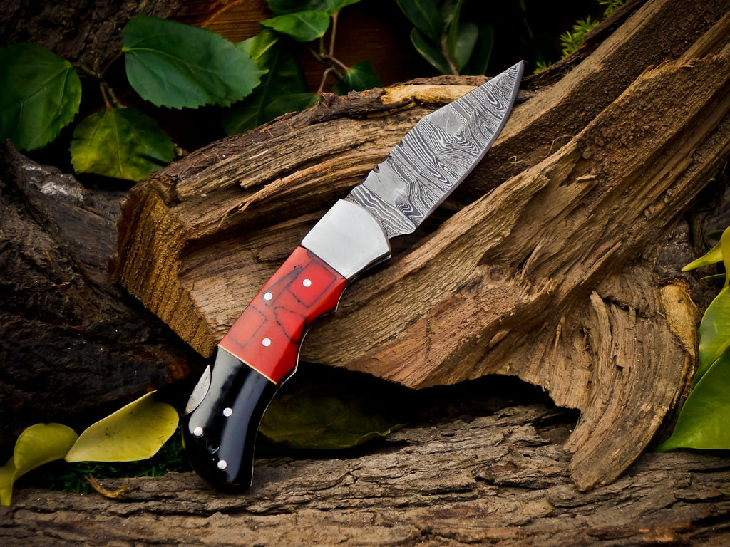 Personalized Handmade 6.75"Damascus Steel Pocket Knife, Folding EDC Hunting Knife, Resin Handle, Groomsmen Gift With Leather Sheath