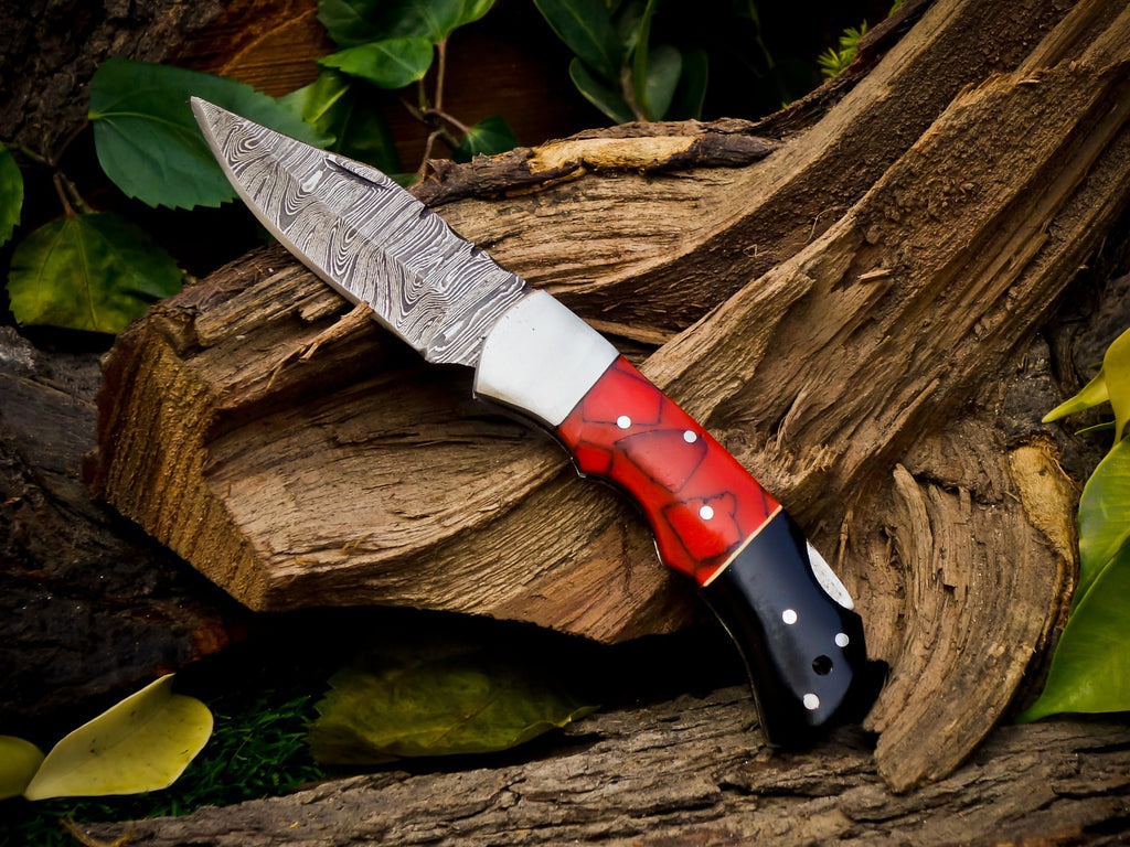 Personalized Handmade 6.75"Damascus Steel Pocket Knife, Folding EDC Hunting Knife, Resin Handle, Groomsmen Gift With Leather Sheath