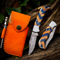 Personalized Handmade 6.75"Damascus Steel Pocket Knife, Folding EDC Hunting Knife, Resin Handle, Groomsmen Gift With Leather Sheath