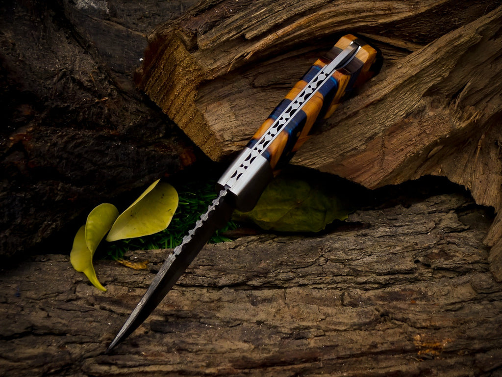 Personalized Handmade 6.75"Damascus Steel Pocket Knife, Folding EDC Hunting Knife, Resin Handle, Groomsmen Gift With Leather Sheath