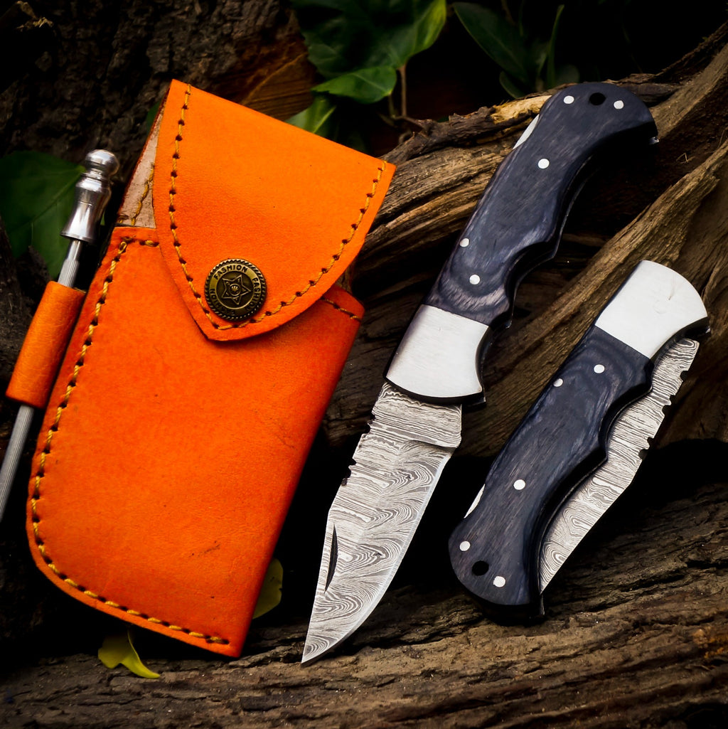 Personalized Handmade 6.75"Damascus Steel Pocket Knife, Folding EDC Hunting Knife, Wood Handle, Groomsmen Gift With Leather Sheath