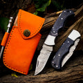 Personalized Handmade 6.75"Damascus Steel Pocket Knife, Folding EDC Hunting Knife, Wood Handle, Groomsmen Gift With Leather Sheath