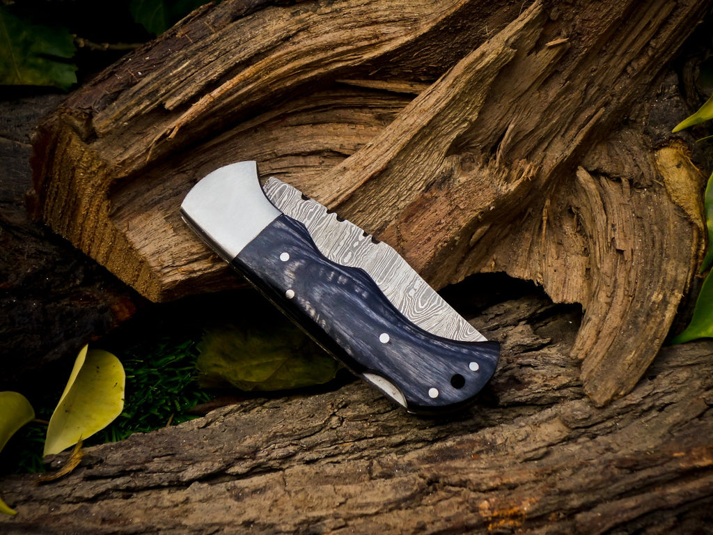 Personalized Handmade 6.75"Damascus Steel Pocket Knife, Folding EDC Hunting Knife, Wood Handle, Groomsmen Gift With Leather Sheath