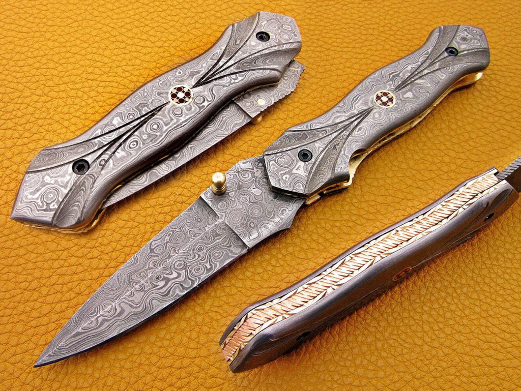 Custom Hand Forged Damascus knife with Damascus handle with Leather Cover Camping Hunting Folding Knife Liner lock