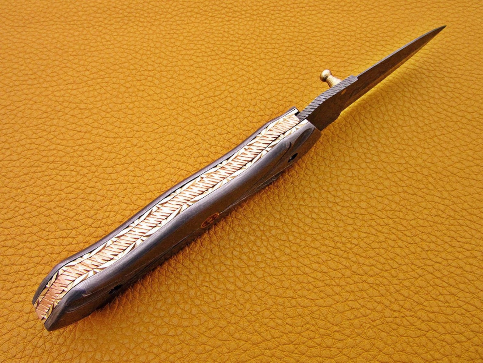Custom Hand Forged Damascus knife with Damascus handle with Leather Cover Camping Hunting Folding Knife Liner lock