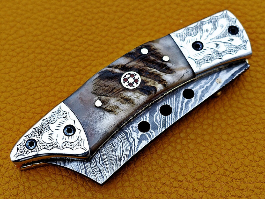 Custom Hand Forged Damascus knife with Ram handle with Leather Cover Camping Hunting Folding Knife Liner lock