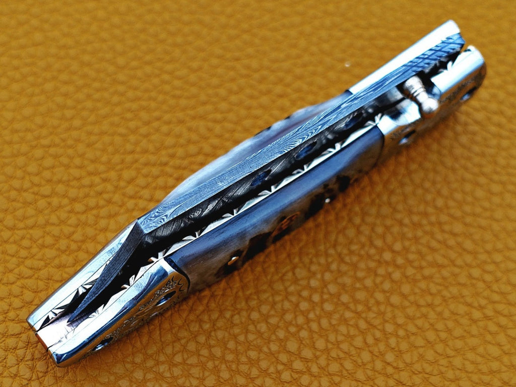 Custom Hand Forged Damascus knife with Ram handle with Leather Cover Camping Hunting Folding Knife Liner lock
