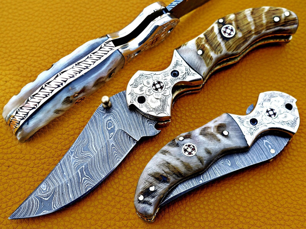 Custom Hand Forged Damascus knife with Ram handle with Leather Cover Camping Hunting Folding Knife Liner lock