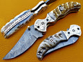 Custom Hand Forged Damascus knife with Ram handle with Leather Cover Camping Hunting Folding Knife Liner lock