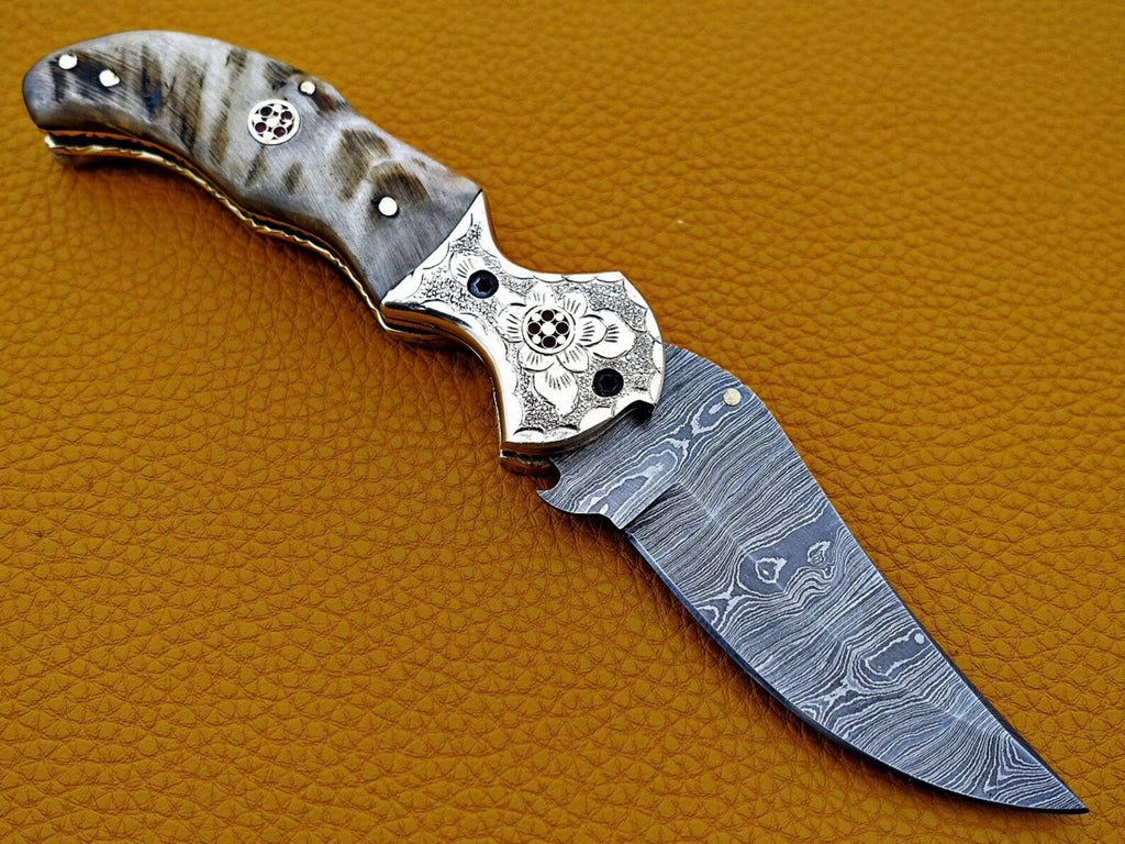 Custom Hand Forged Damascus knife with Ram handle with Leather Cover Camping Hunting Folding Knife Liner lock