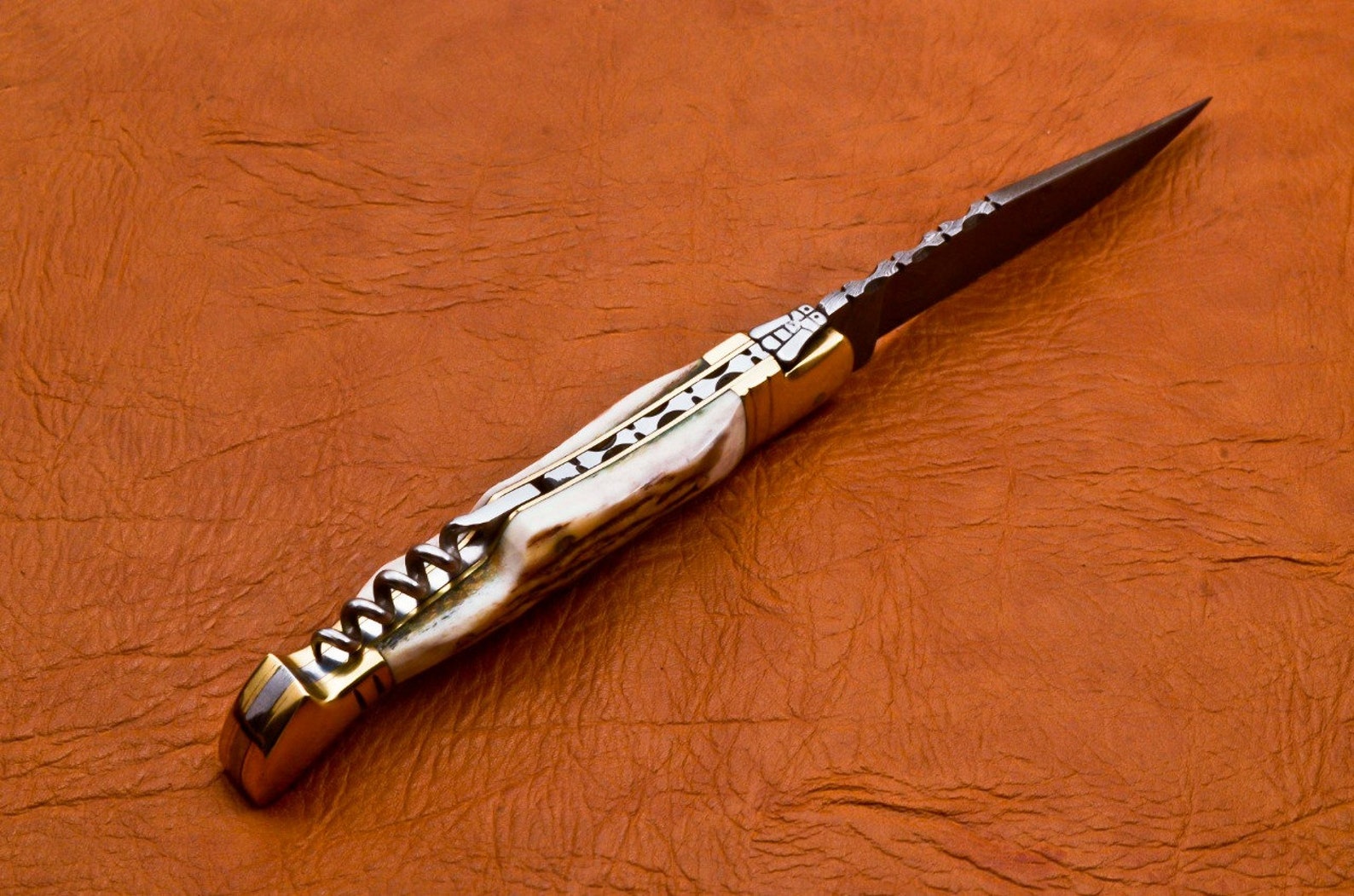 Custom Hand Forged Damascus with Antlar handle with Leather Cover Camping Hunting Folding Knife