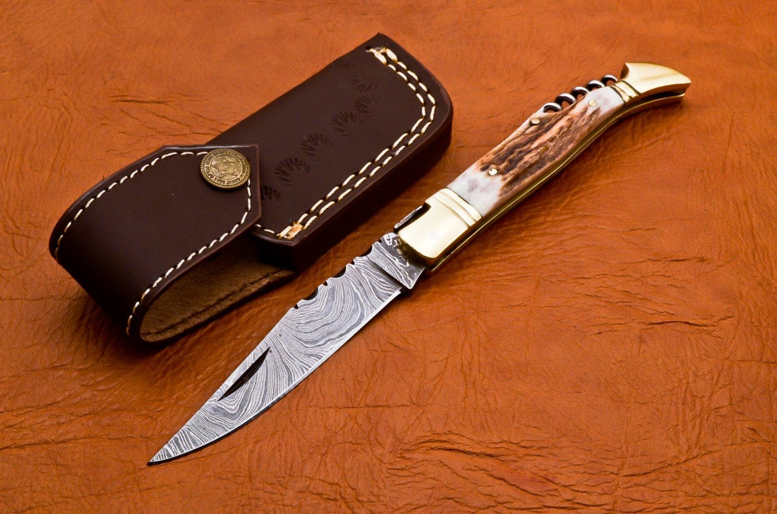 Custom Hand Forged Damascus with Antlar handle with Leather Cover Camping Hunting Folding Knife