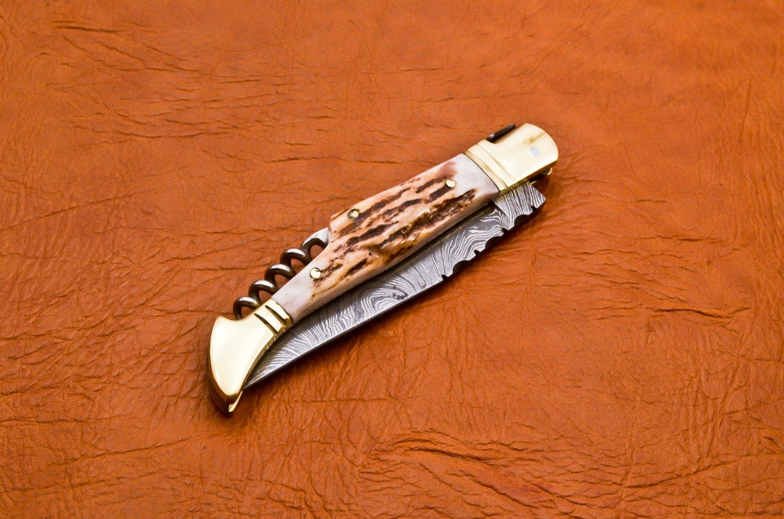 Custom Hand Forged Damascus with Antlar handle with Leather Cover Camping Hunting Folding Knife