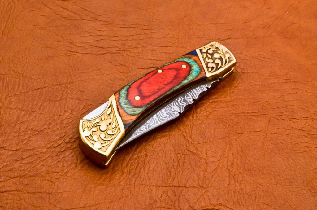 Custom Hand Forged Damascus knife Olive Wood handle with Leather Cover Camping Hunting Folding Knife Back lock