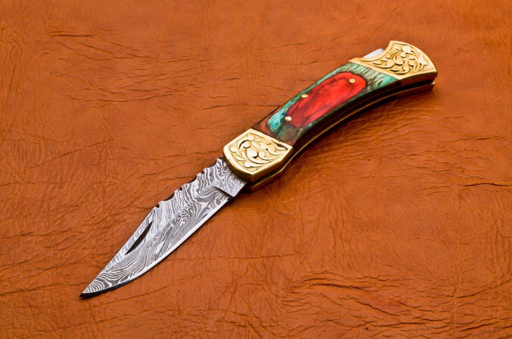 Custom Hand Forged Damascus knife Olive Wood handle with Leather Cover Camping Hunting Folding Knife Back lock