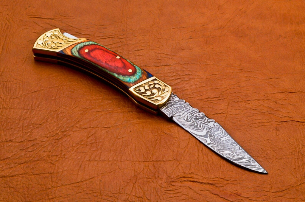 Custom Hand Forged Damascus knife Olive Wood handle with Leather Cover Camping Hunting Folding Knife Back lock