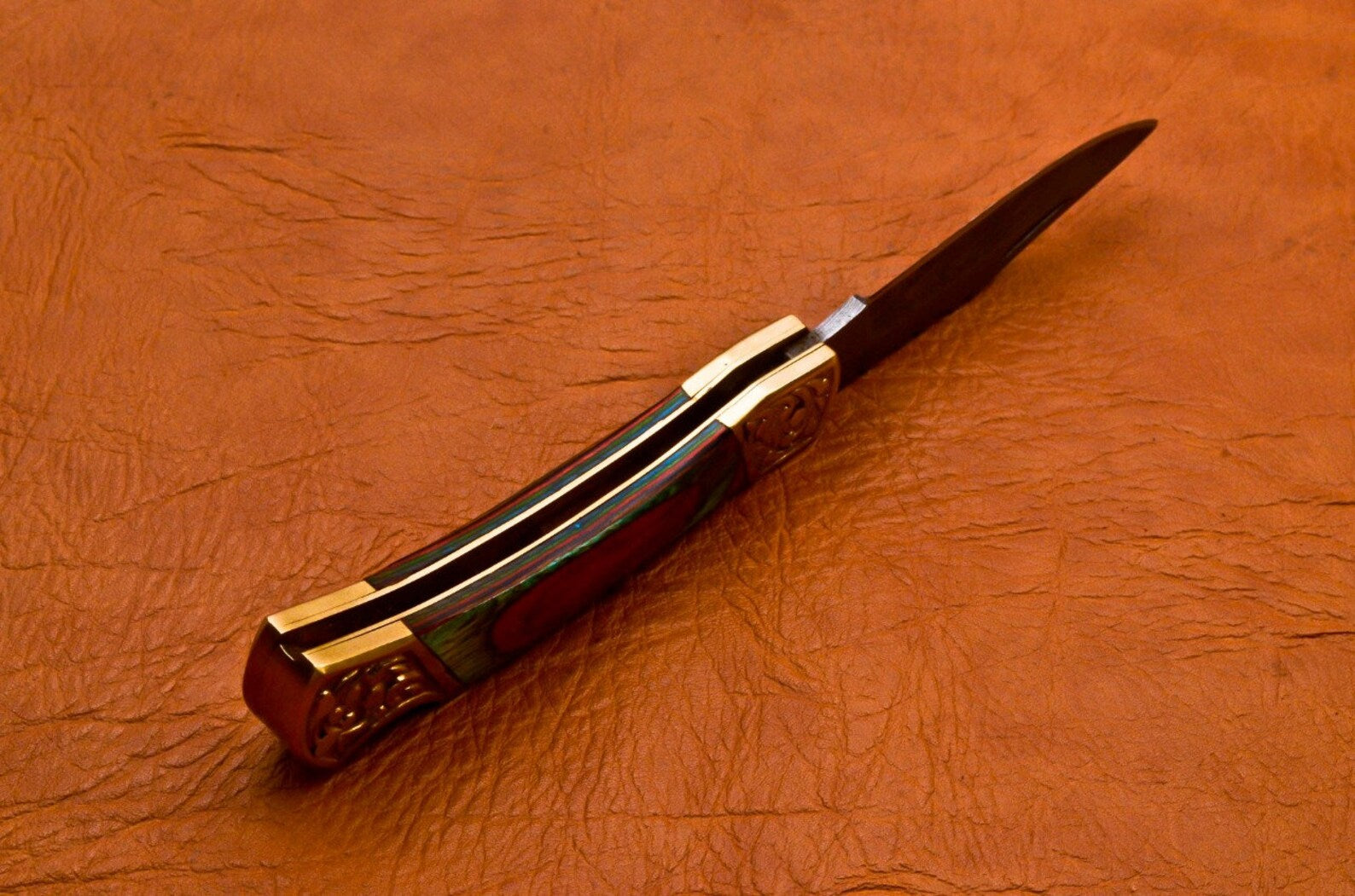 Custom Hand Forged Damascus knife Olive Wood handle with Leather Cover Camping Hunting Folding Knife Back lock