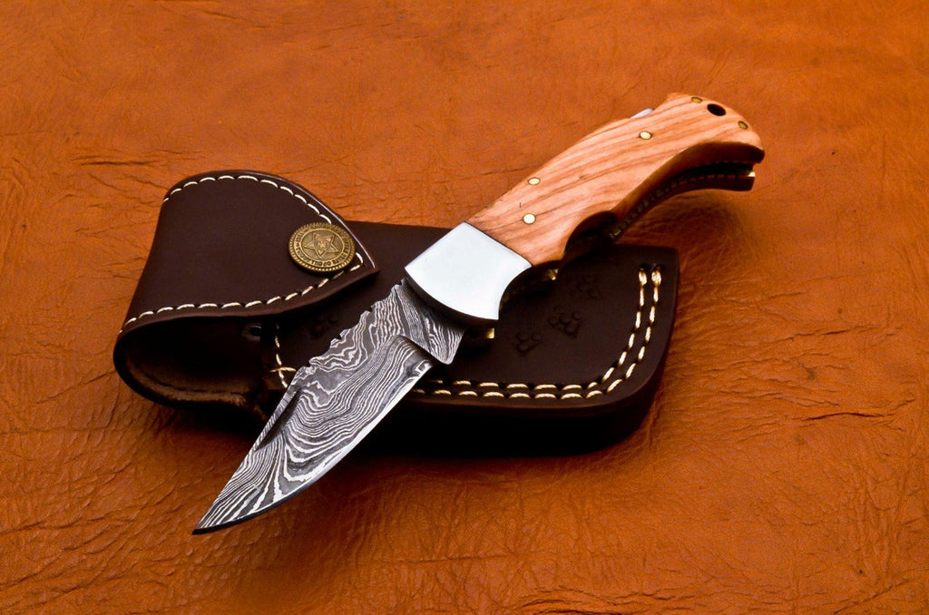 Custom Hand Forged Damascus knife Olive Wood handle with Leather Cover Camping Hunting Folding Knife Back lock
