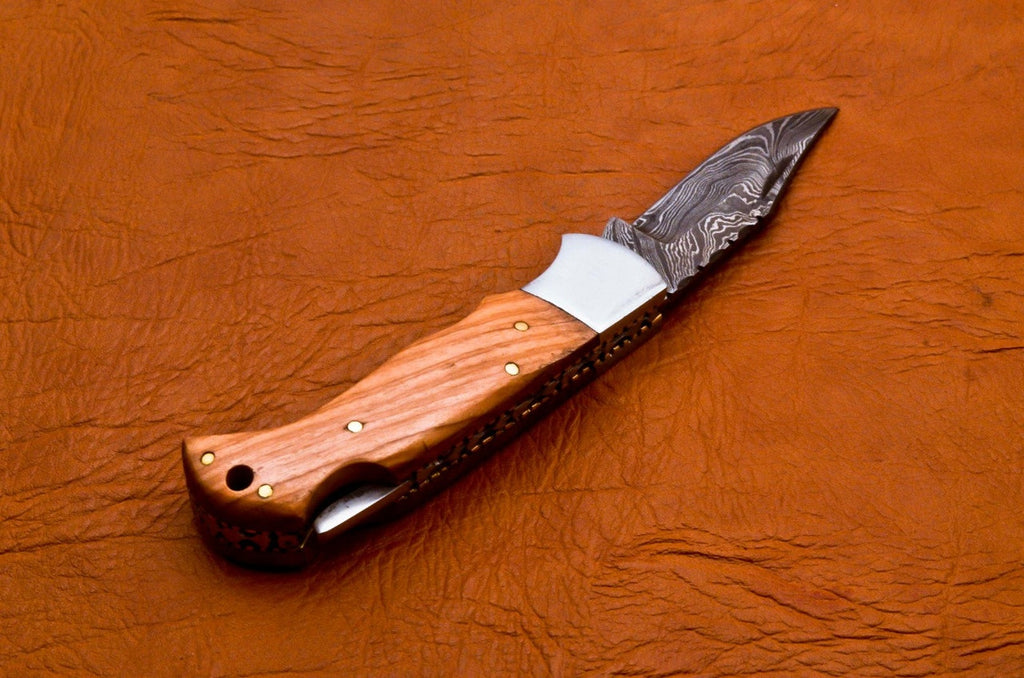 Custom Hand Forged Damascus knife Olive Wood handle with Leather Cover Camping Hunting Folding Knife Back lock