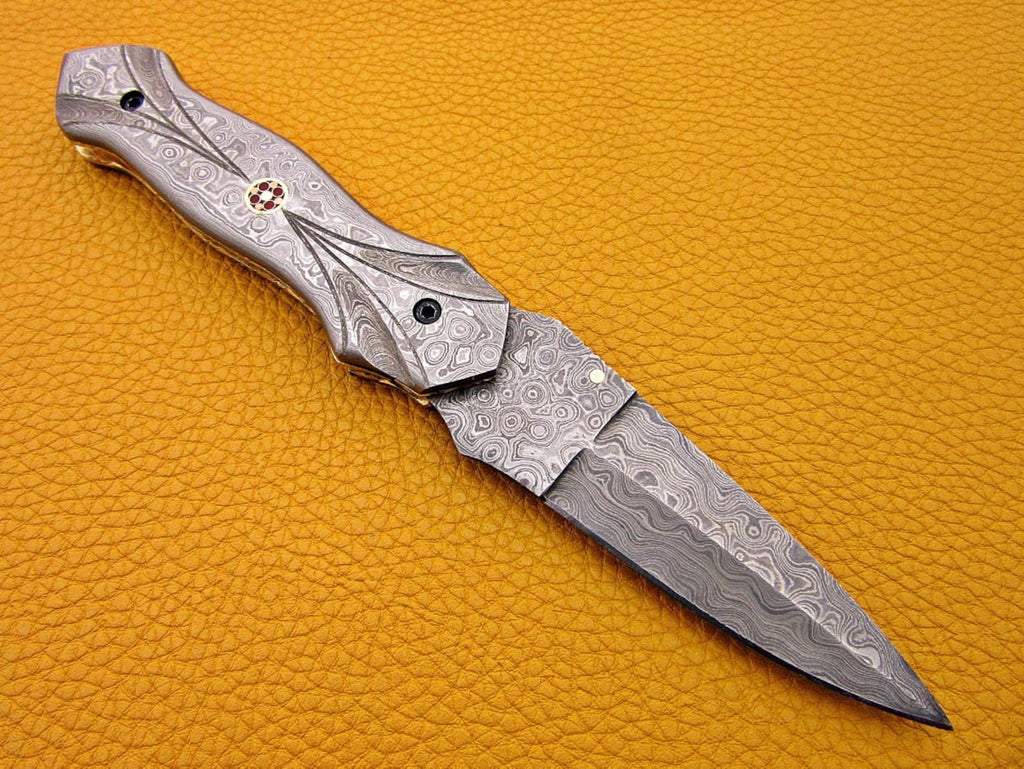 Custom Hand Forged Damascus knife with Damascus handle with Leather Cover Camping Hunting Folding Knife Liner lock