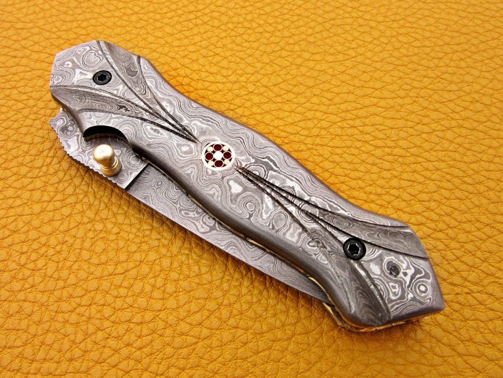 Custom Hand Forged Damascus knife with Damascus handle with Leather Cover Camping Hunting Folding Knife Liner lock