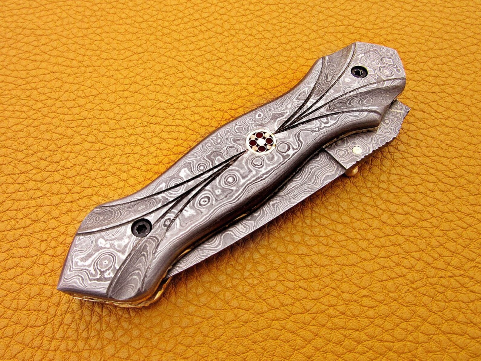 Custom Hand Forged Damascus knife with Damascus handle with Leather Cover Camping Hunting Folding Knife Liner lock