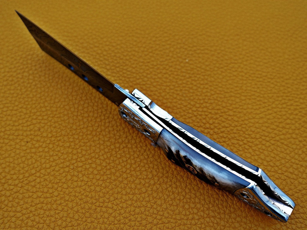 Custom Hand Forged Damascus knife with Ram handle with Leather Cover Camping Hunting Folding Knife Liner lock