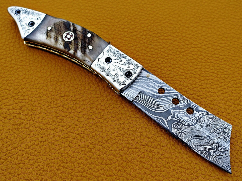 Custom Hand Forged Damascus knife with Ram handle with Leather Cover Camping Hunting Folding Knife Liner lock