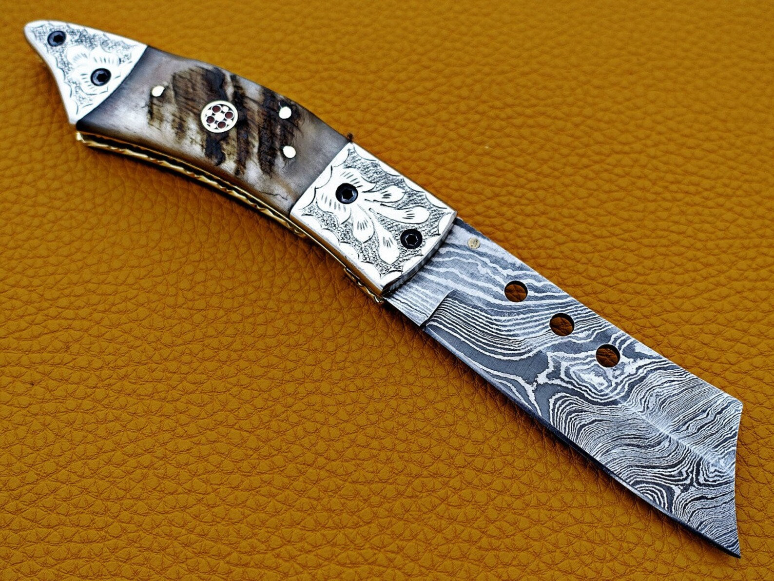 Custom Hand Forged Damascus knife with Ram handle with Leather Cover Camping Hunting Folding Knife Liner lock